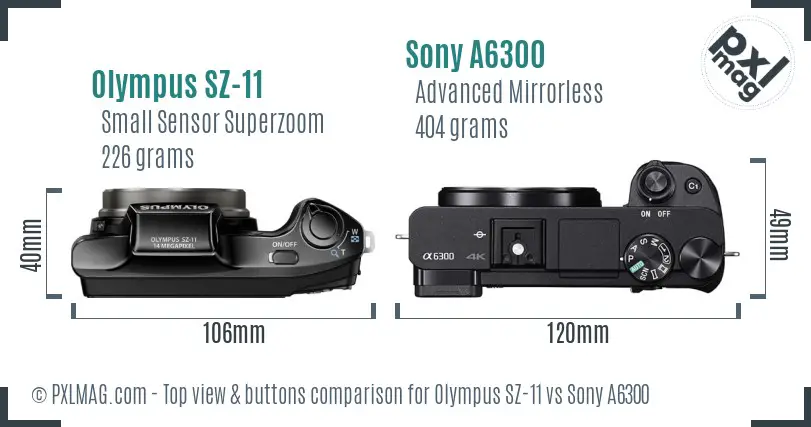 Olympus SZ-11 vs Sony A6300 top view buttons comparison