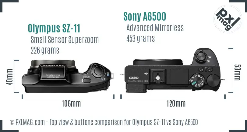 Olympus SZ-11 vs Sony A6500 top view buttons comparison