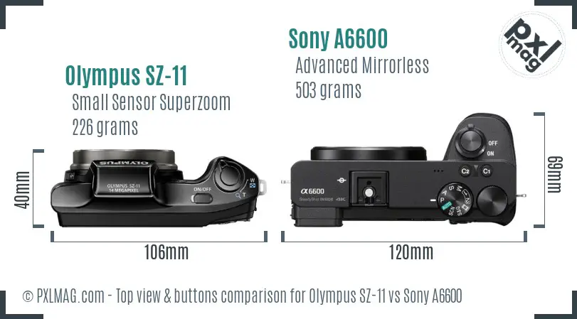 Olympus SZ-11 vs Sony A6600 top view buttons comparison
