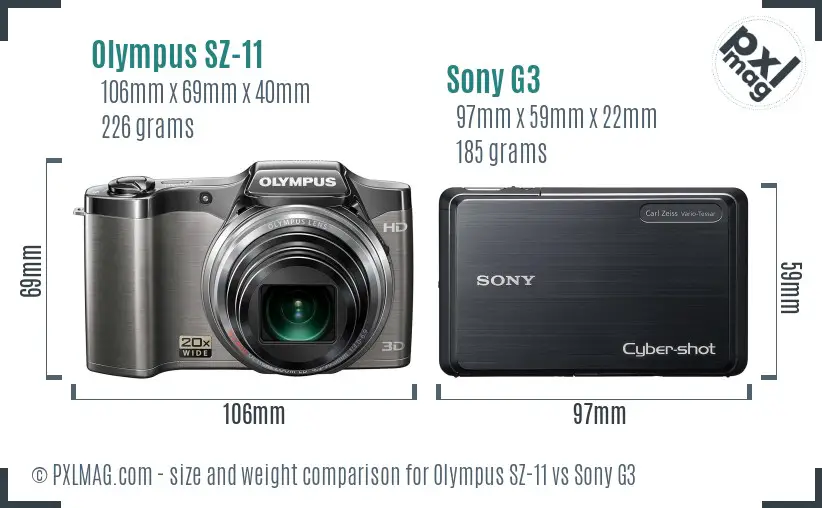 Olympus SZ-11 vs Sony G3 size comparison