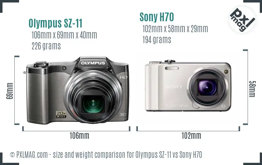 Olympus SZ-11 vs Sony H70 size comparison