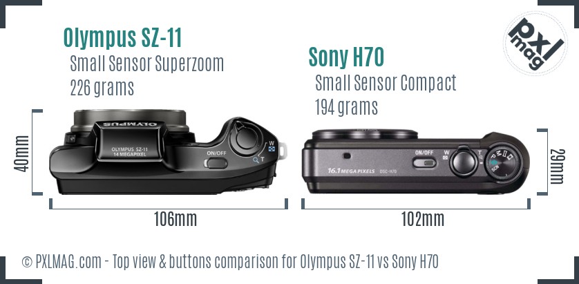 Olympus SZ-11 vs Sony H70 top view buttons comparison