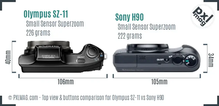 Olympus SZ-11 vs Sony H90 top view buttons comparison