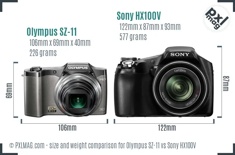 Olympus SZ-11 vs Sony HX100V size comparison