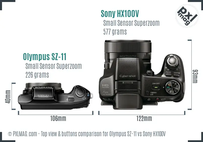 Olympus SZ-11 vs Sony HX100V top view buttons comparison