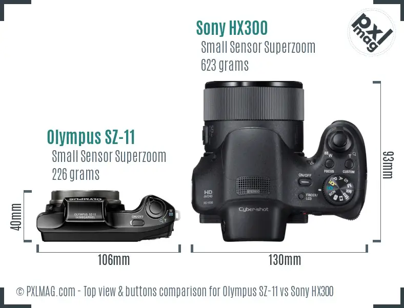 Olympus SZ-11 vs Sony HX300 top view buttons comparison