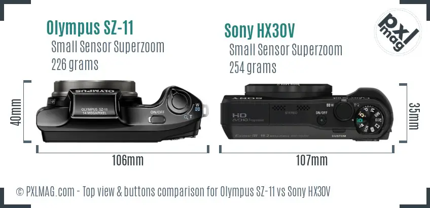 Olympus SZ-11 vs Sony HX30V top view buttons comparison