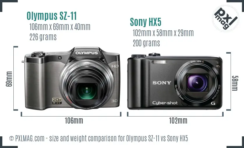 Olympus SZ-11 vs Sony HX5 size comparison