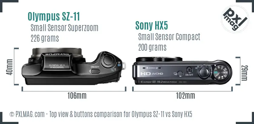 Olympus SZ-11 vs Sony HX5 top view buttons comparison