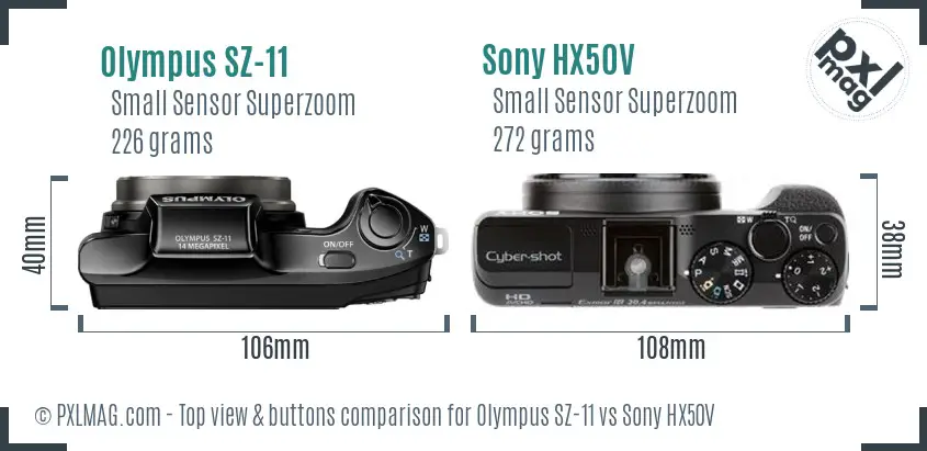 Olympus SZ-11 vs Sony HX50V top view buttons comparison