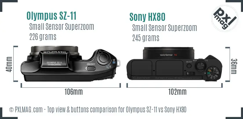 Olympus SZ-11 vs Sony HX80 top view buttons comparison