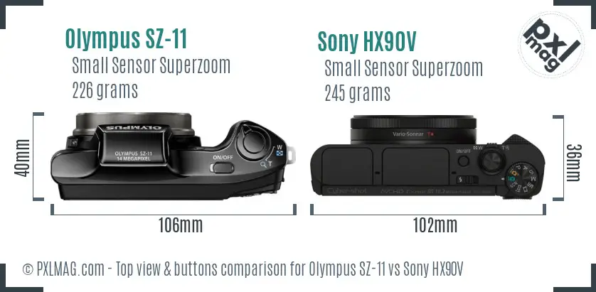 Olympus SZ-11 vs Sony HX90V top view buttons comparison
