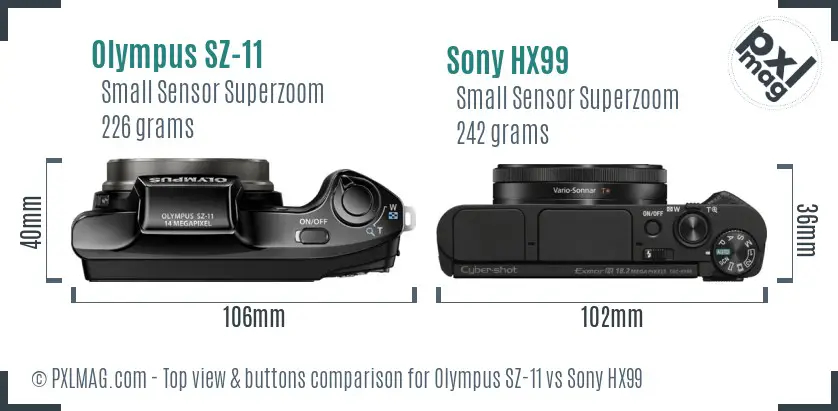 Olympus SZ-11 vs Sony HX99 top view buttons comparison