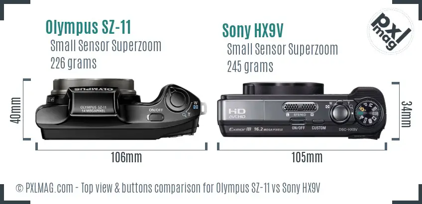 Olympus SZ-11 vs Sony HX9V top view buttons comparison