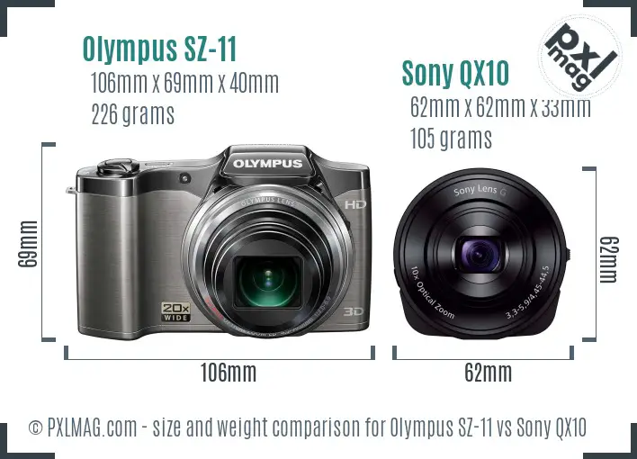Olympus SZ-11 vs Sony QX10 size comparison