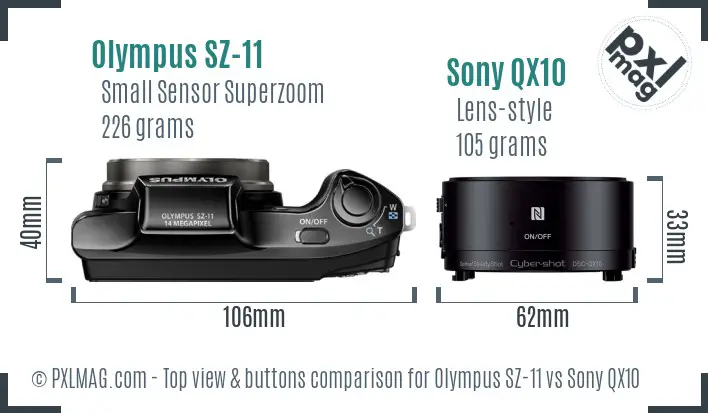 Olympus SZ-11 vs Sony QX10 top view buttons comparison