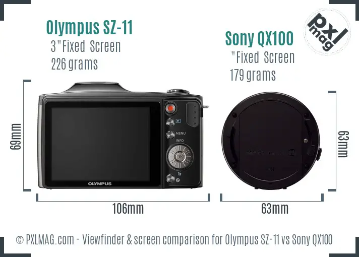 Olympus SZ-11 vs Sony QX100 Screen and Viewfinder comparison