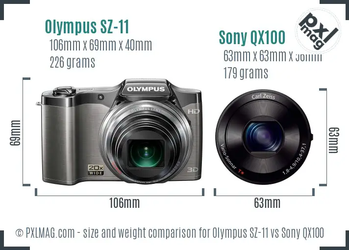 Olympus SZ-11 vs Sony QX100 size comparison