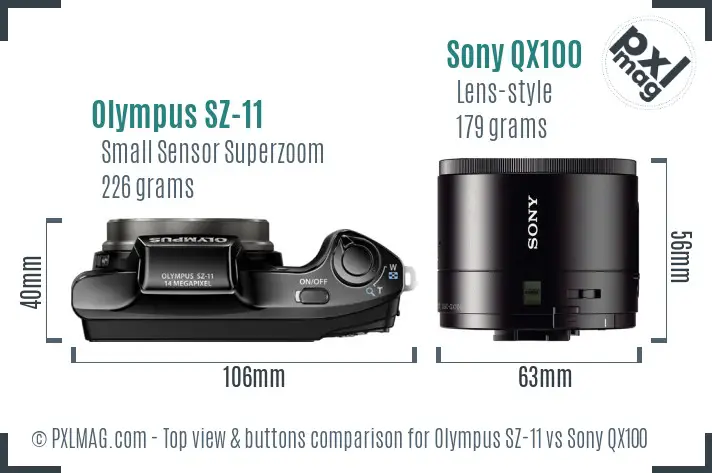 Olympus SZ-11 vs Sony QX100 top view buttons comparison