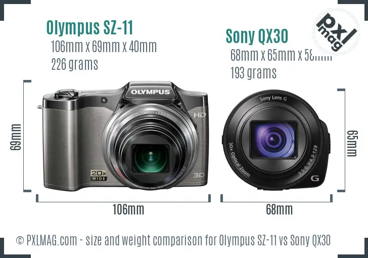 Olympus SZ-11 vs Sony QX30 size comparison