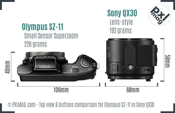 Olympus SZ-11 vs Sony QX30 top view buttons comparison