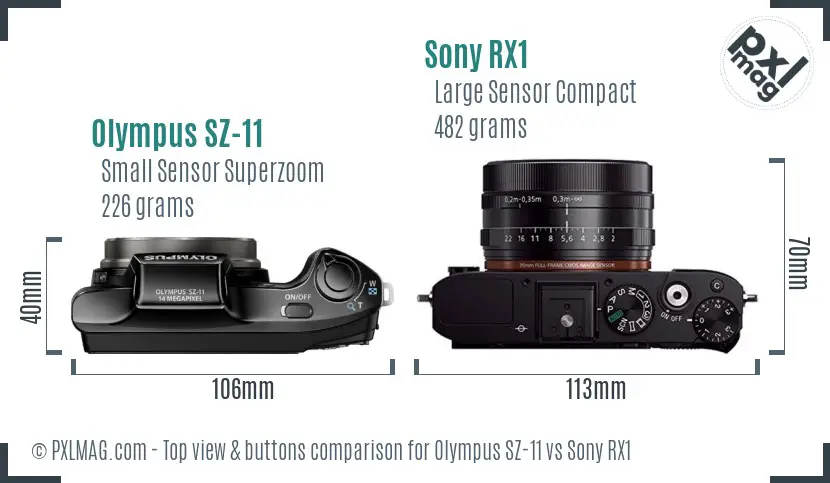 Olympus SZ-11 vs Sony RX1 top view buttons comparison