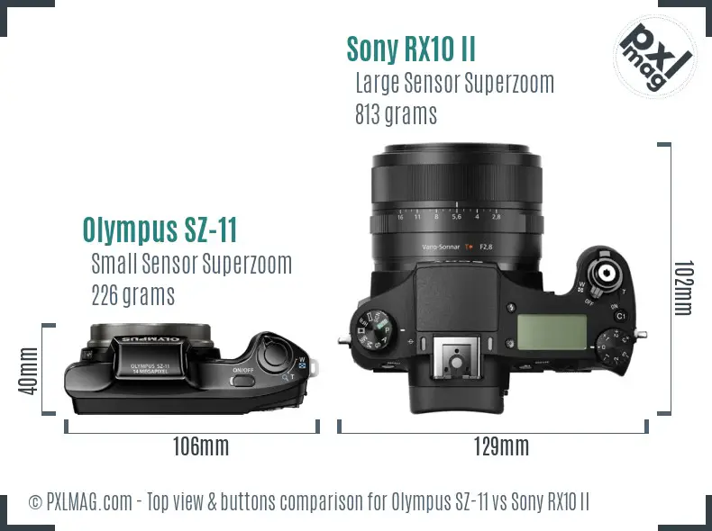 Olympus SZ-11 vs Sony RX10 II top view buttons comparison