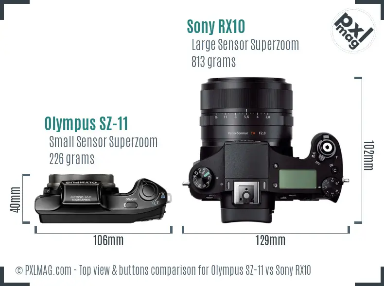Olympus SZ-11 vs Sony RX10 top view buttons comparison