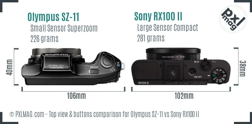 Olympus SZ-11 vs Sony RX100 II top view buttons comparison