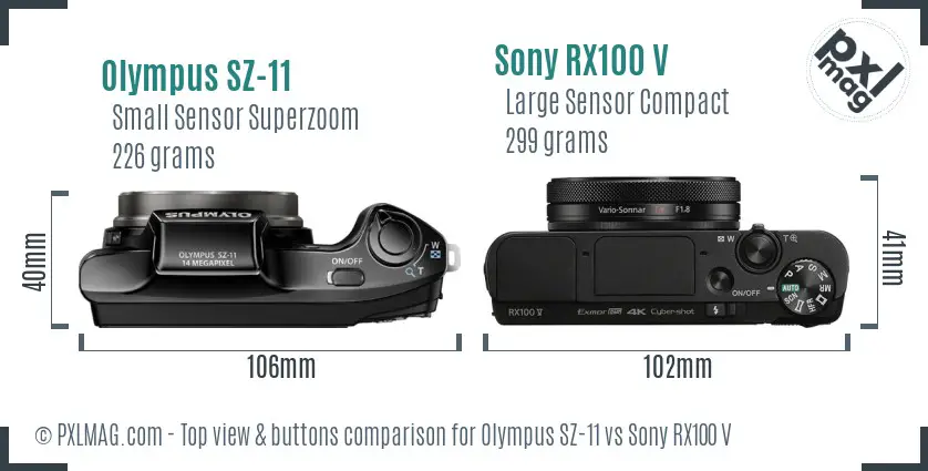 Olympus SZ-11 vs Sony RX100 V top view buttons comparison
