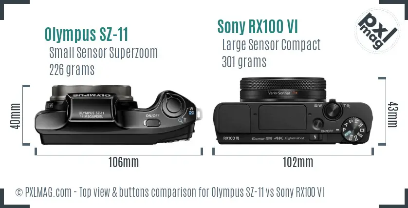 Olympus SZ-11 vs Sony RX100 VI top view buttons comparison