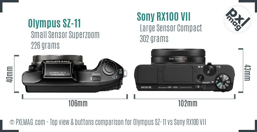 Olympus SZ-11 vs Sony RX100 VII top view buttons comparison