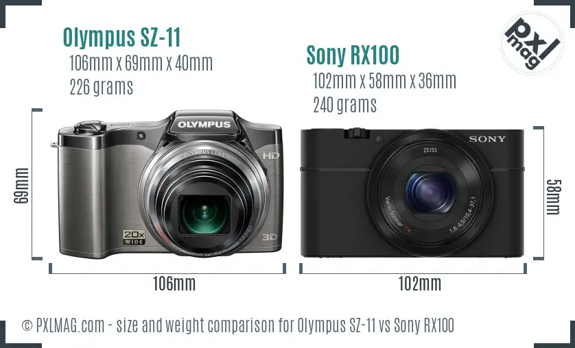 Olympus SZ-11 vs Sony RX100 size comparison