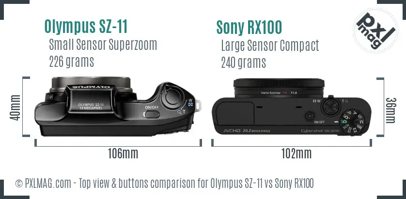 Olympus SZ-11 vs Sony RX100 top view buttons comparison