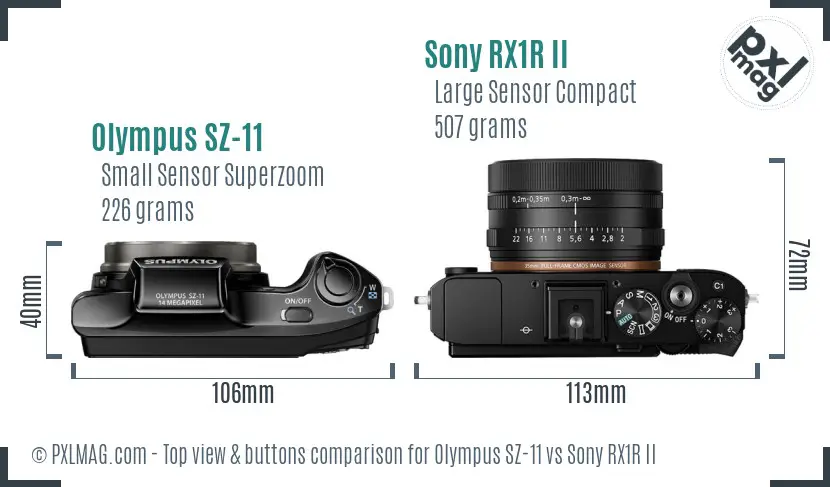 Olympus SZ-11 vs Sony RX1R II top view buttons comparison