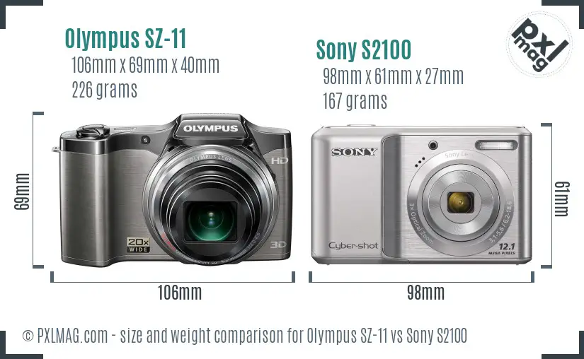 Olympus SZ-11 vs Sony S2100 size comparison