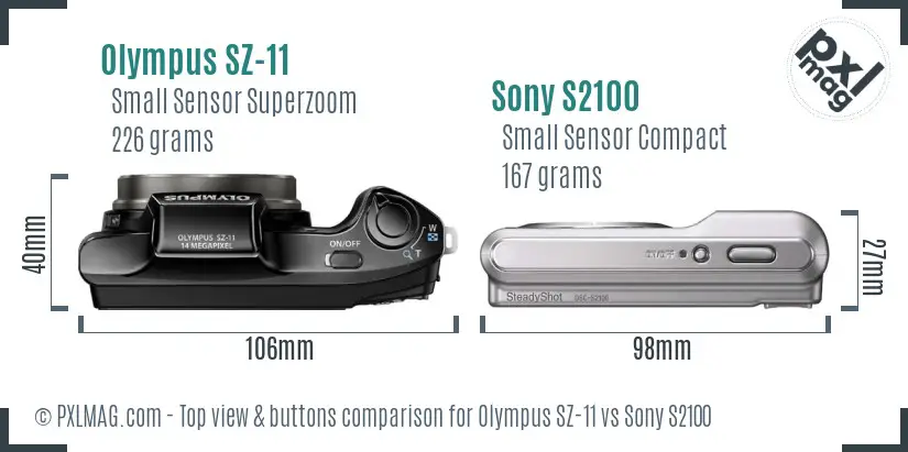 Olympus SZ-11 vs Sony S2100 top view buttons comparison