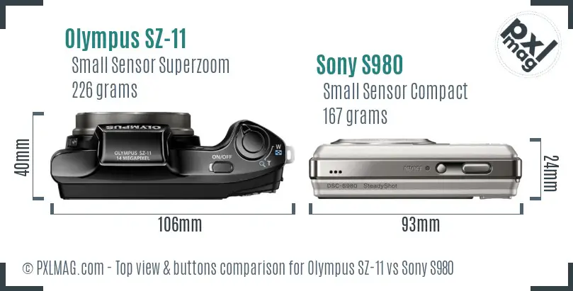 Olympus SZ-11 vs Sony S980 top view buttons comparison