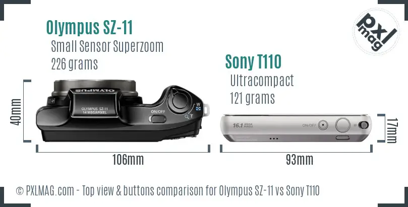 Olympus SZ-11 vs Sony T110 top view buttons comparison