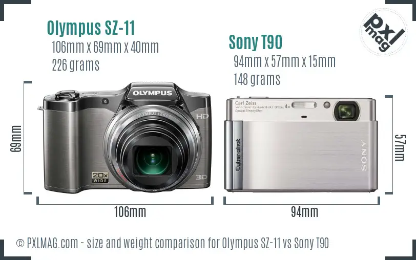 Olympus SZ-11 vs Sony T90 size comparison