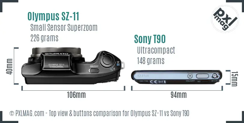 Olympus SZ-11 vs Sony T90 top view buttons comparison