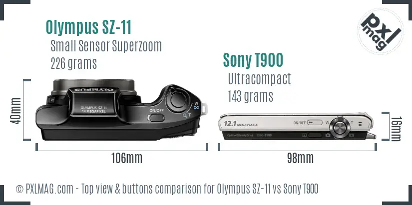 Olympus SZ-11 vs Sony T900 top view buttons comparison