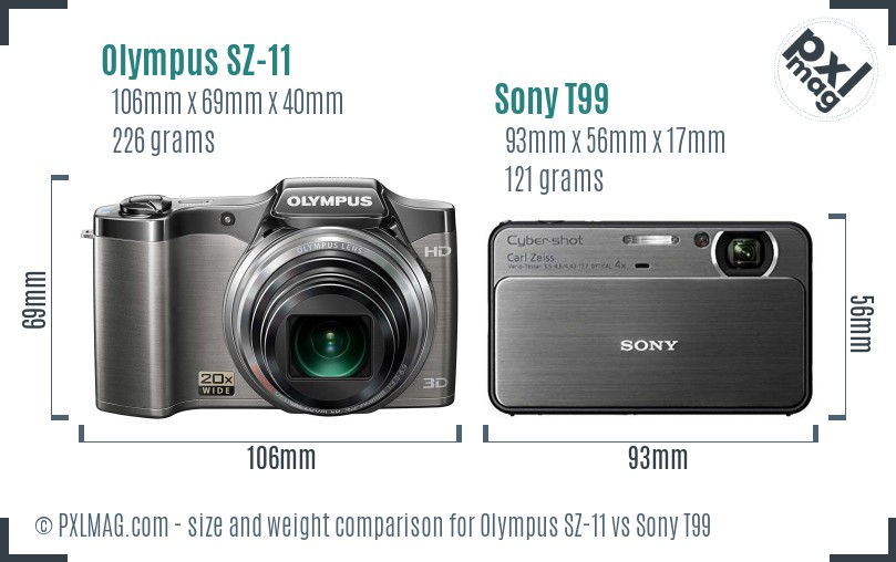 Olympus SZ-11 vs Sony T99 size comparison