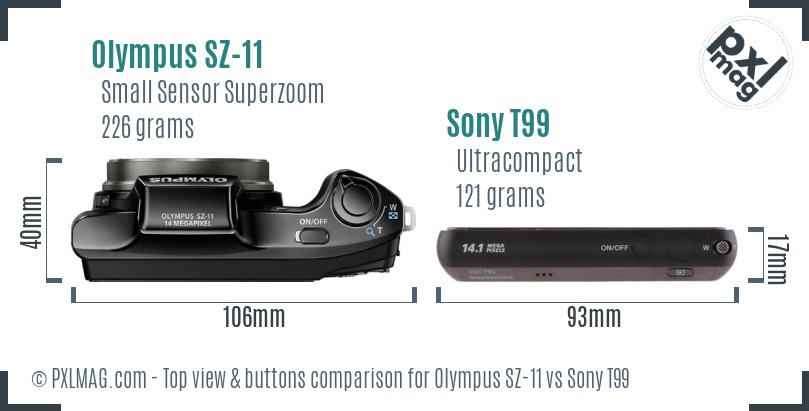 Olympus SZ-11 vs Sony T99 top view buttons comparison