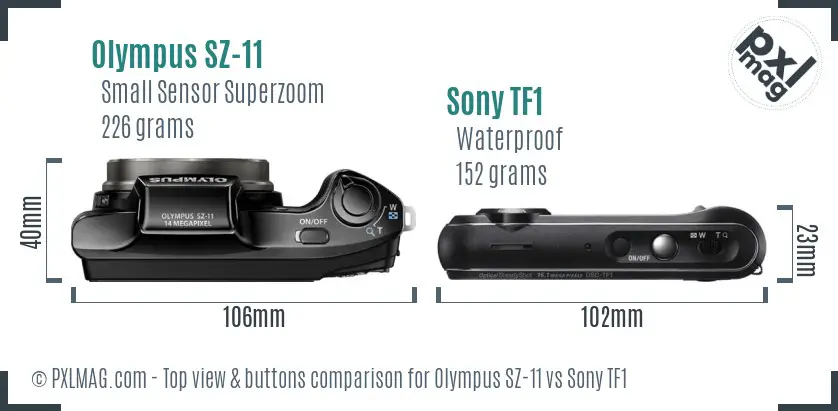 Olympus SZ-11 vs Sony TF1 top view buttons comparison