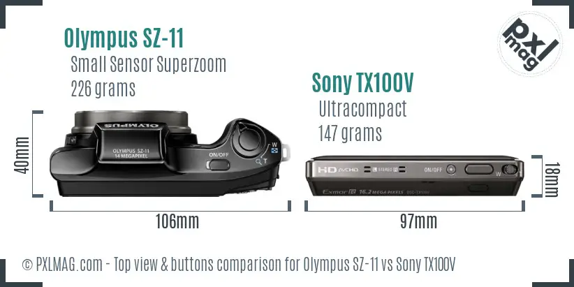 Olympus SZ-11 vs Sony TX100V top view buttons comparison