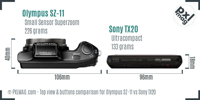 Olympus SZ-11 vs Sony TX20 top view buttons comparison