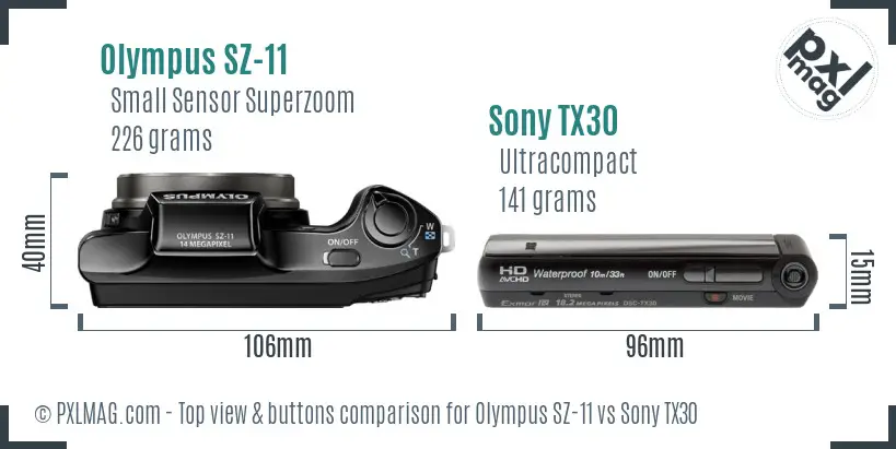 Olympus SZ-11 vs Sony TX30 top view buttons comparison