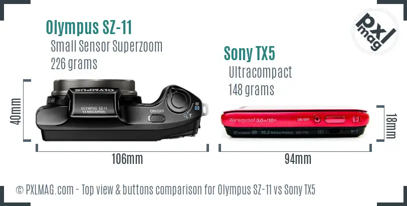 Olympus SZ-11 vs Sony TX5 top view buttons comparison