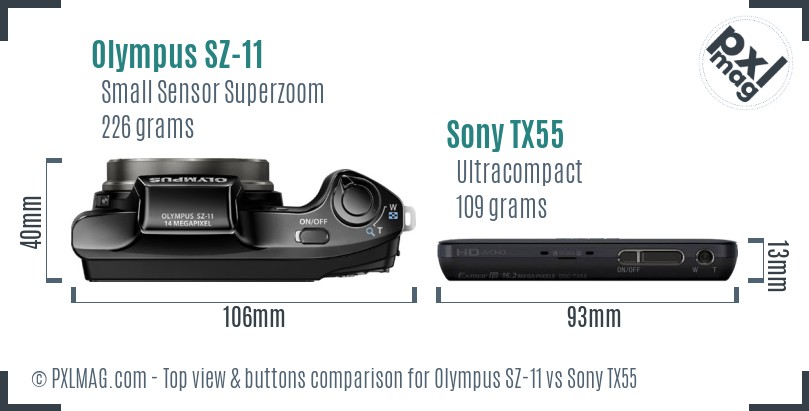 Olympus SZ-11 vs Sony TX55 top view buttons comparison